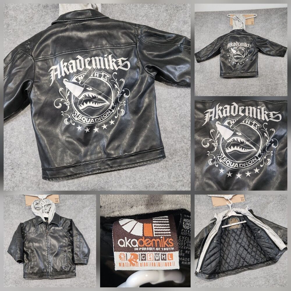 Akademiks Boys Kids Size 5 Hooded Faux Leather Shark Quilted Lined‎ Jacket Coat